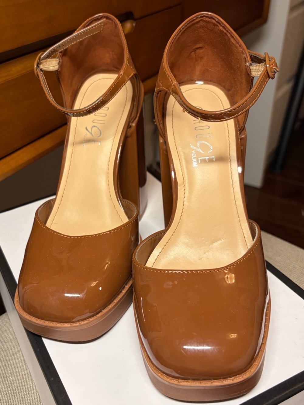 Rouge Helium Tan Patent Platform Ankle-Strap Pumps